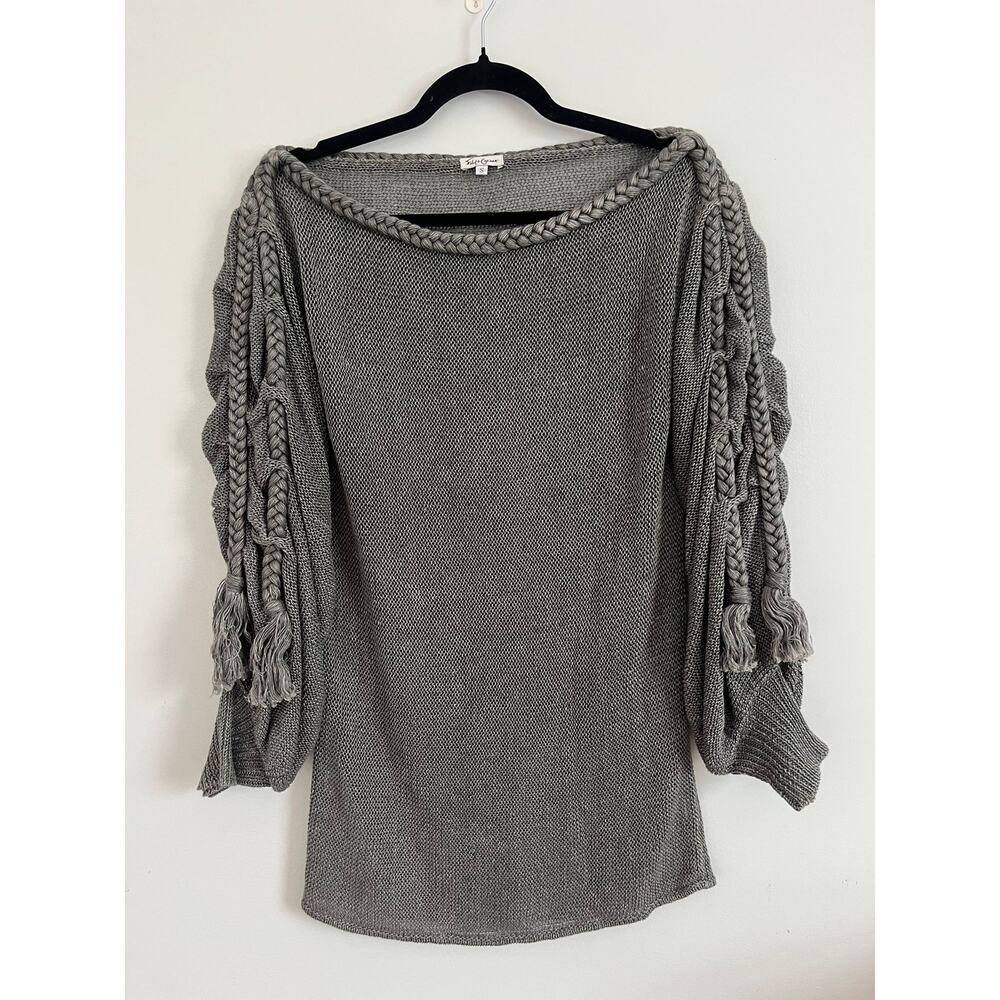 Foley + Corinna Sweater Women S Gray Knit Boatneck Braided‎ Sleeve Boho Pullover
